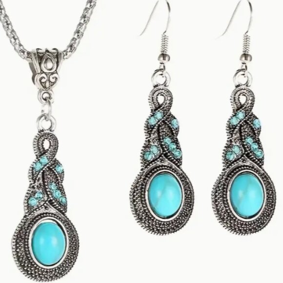Vintage Style Simulated Turquoise & Rhinestone Silver Electro-Plated Set - Picture 1 of 4